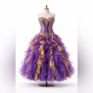 Purple & Gold Princess Ball Gown – Size 2 – XV / Prom / Sweet 16 Dress